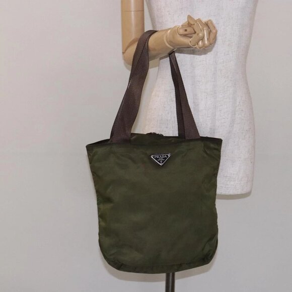 PRADA Tote Bag Nylon Khaki Silver Auth - Picture 1 of 16
